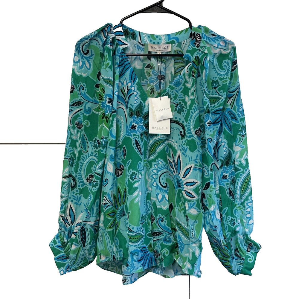 Hale Bob Floral Boho Peasant Blouse Women S Blue Paisley Silk Tunic Top New